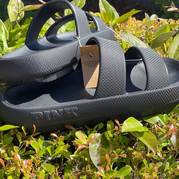 PINK Victoria Secret Double Strap Pillow Slides In Pure Black Medium 7/8 - Picture 4 of 11